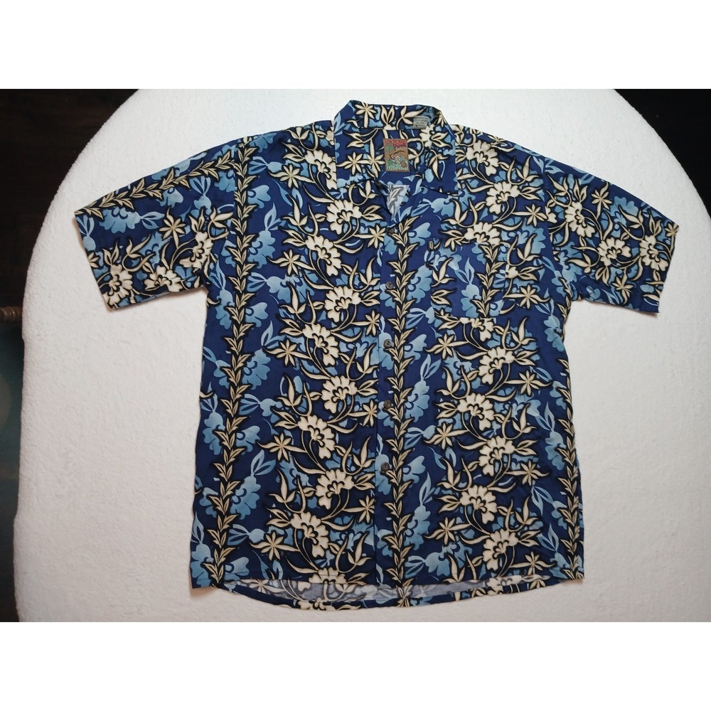 Vintage Pineapple Connection Tribal Hawaiian Button Up Shirt Blue Size Large